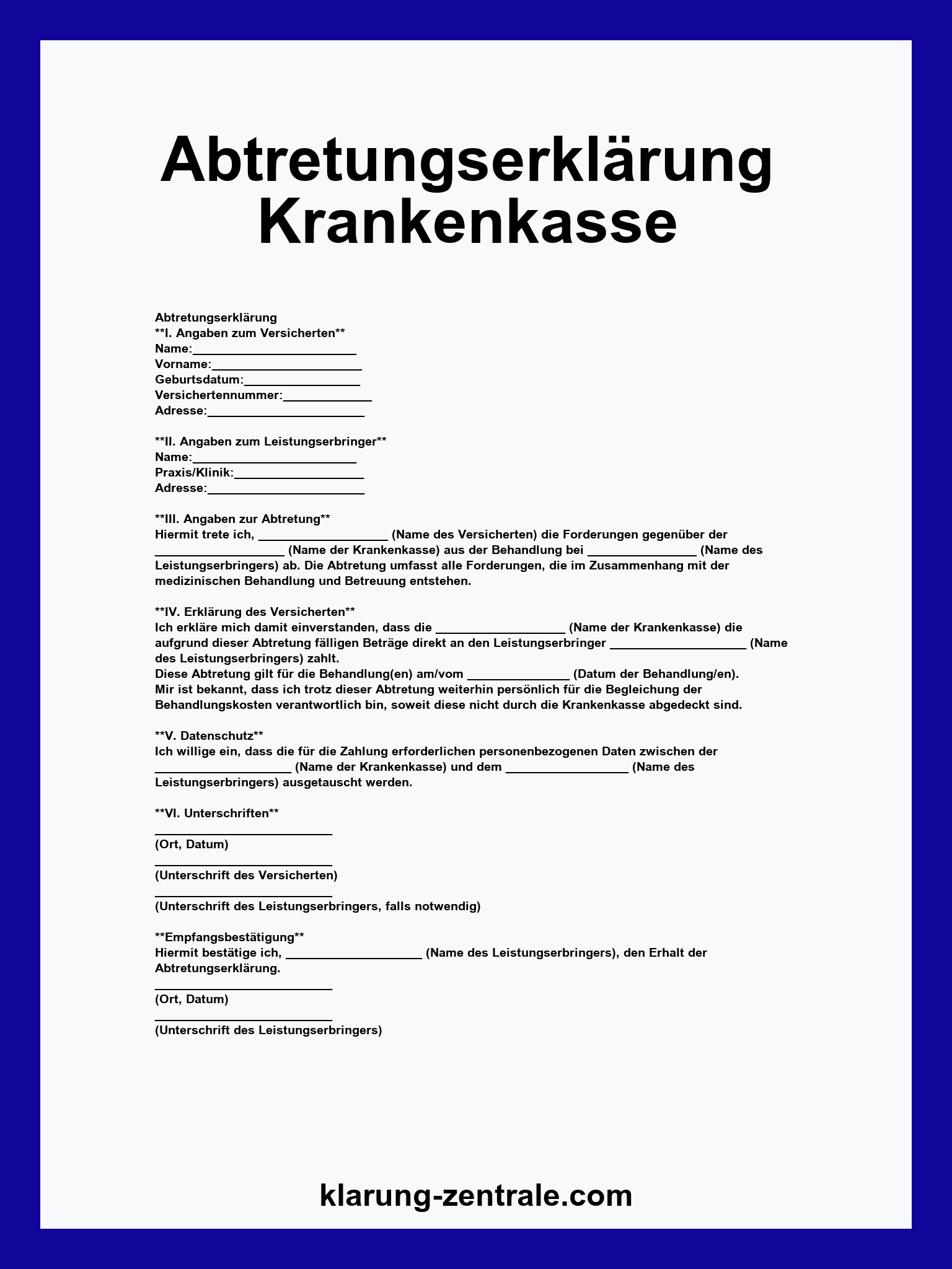 Abtretungserklärung Krankenkasse Vorlage