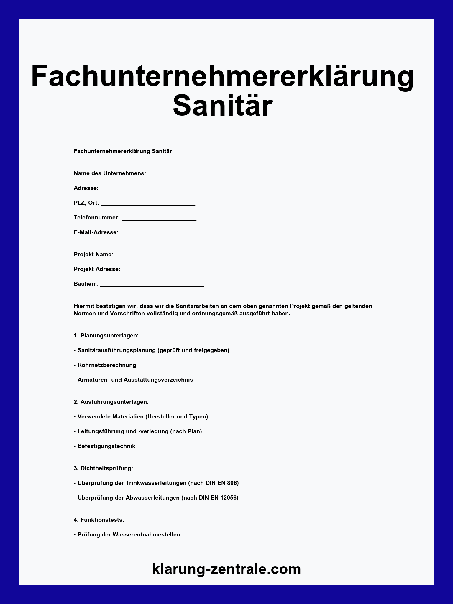 Fachunternehmererklärung Sanitär PDF