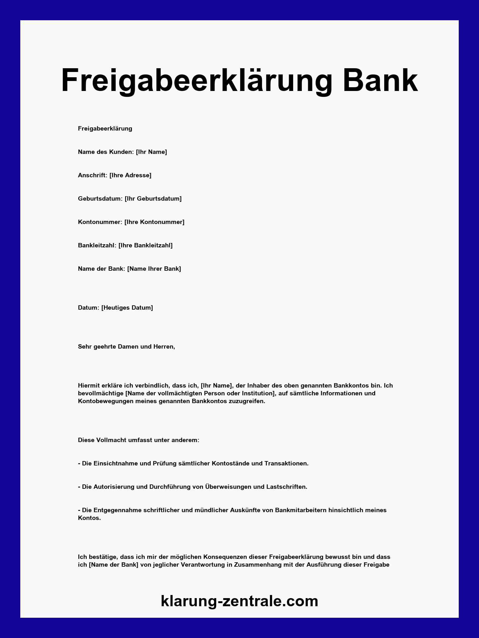 Freigabeerklärung Bank Muster