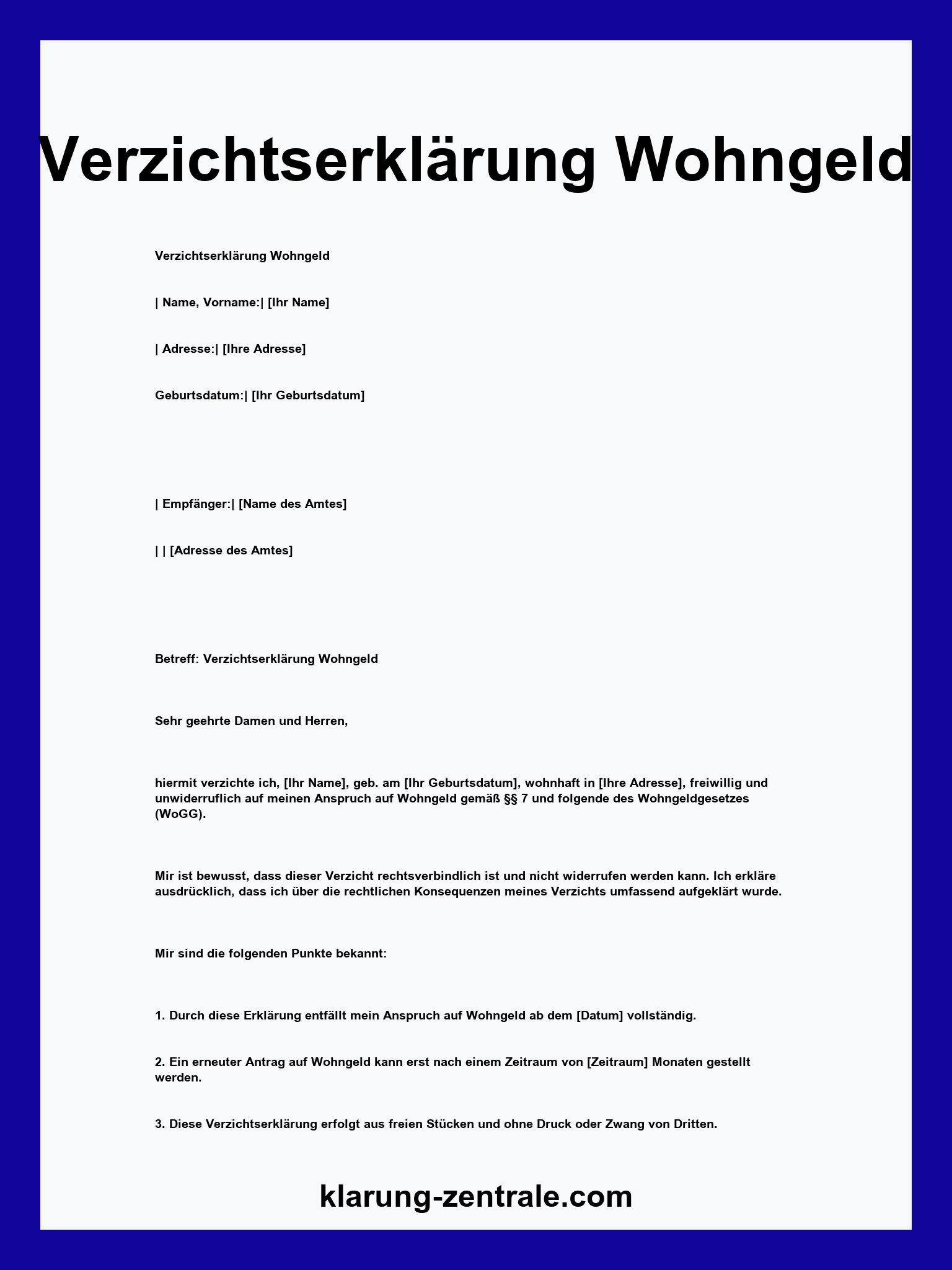 Verzichtserklärung Wohngeld Muster